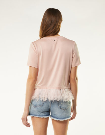 Dondup - różowy t-shirt z piórami