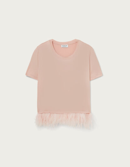 Dondup - różowy t-shirt z piórami